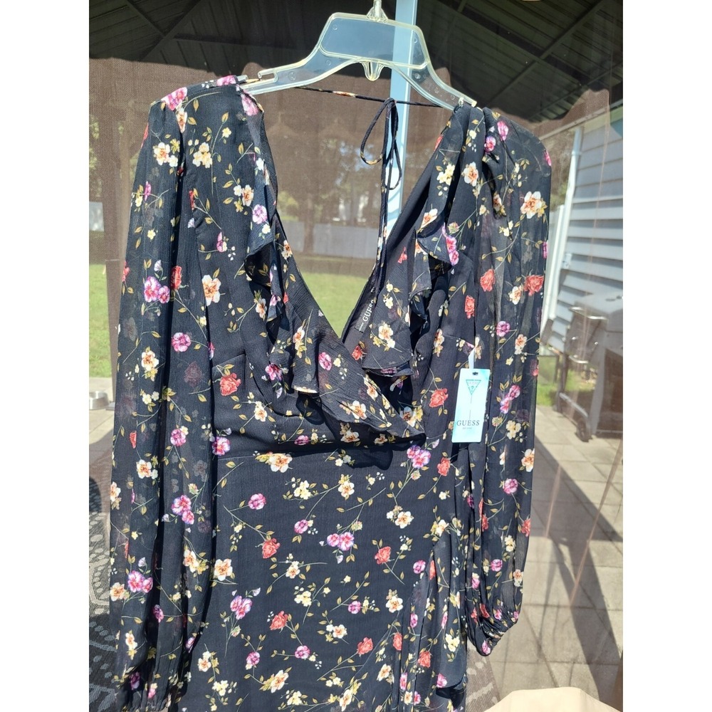 Guess Darcelle Whimsy Floral Printed Black Long Sleeve Ruffled Dress Size: 6 - Picture 3 of 9